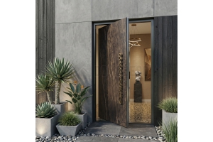 Aluminium draaideur bekleed met gesinterd kwarts van Noir Desir