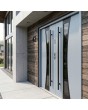 Moderne dubbele voordeur van zilverkleurig staal met een zwart frame rondom het glas