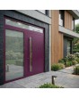 Paarse LIM aluminium deur met scharnieren en glazen paneel links en boven