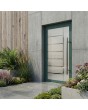 Groene buitendeur van mat aluminium met transparante afwerking.
