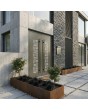 Olijfgrijze aluminium dubbele voordeur met decoratief glas