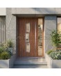 Moderne aluminium voordeur van goudkleurig eikenhout