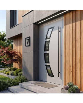Zilverkleurige aluminium voordeur met glas
