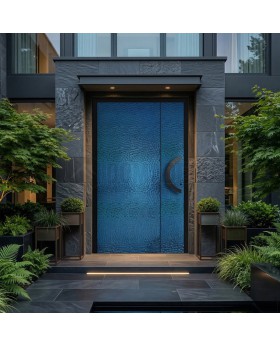 Aluminium draaideur bekleed met blauwe roestvrijstalen plaat