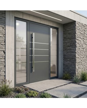 Stevige aluminium voordeur in antraciet met glazen panelen links en rechts