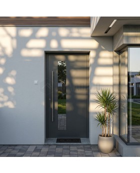 Antracietkleurige, naar wens aan te passen aluminium voordeur met glas