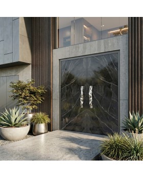 Zwarte aluminium dubbele deur bekleed met Calacatta Black gesinterd kwarts