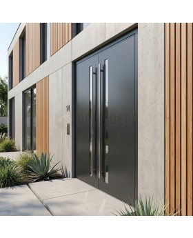 Zwarte aluminium voordeur met dubbele scharnieren en verticaal glas