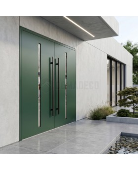 Aluminium voordeur met dubbele scharnieren en verticaal glas