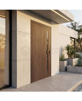 Voordeur van walnoothout en aluminium voor woningen, met glas