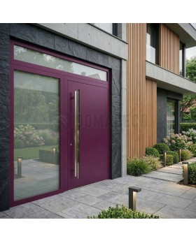 Paarse LIM aluminium deur met scharnieren en glazen paneel links en boven