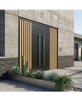 Zwarte dubbele aluminium deur met verticale lamellen van aluminium profielen