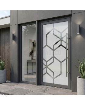 Antracietkleurige aluminium veiligheidsdeur met matglas en transparant decor