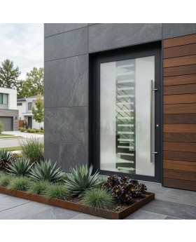 Antracietkleurige aluminium deur met enkelzijdige zandstructuur en transparant decor