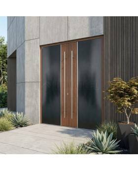 Antracietkleurige dubbele aluminium voordeur met houten decor in goudkleurig eiken