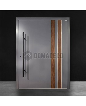antraciet aluminium voordeur met walnoothouten decor