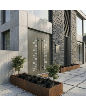 Olijfgrijze aluminium dubbele voordeur met decoratief glas