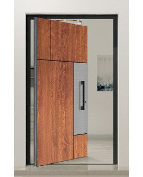 PIVOT V35 - aluminium voordeur met houtstructuur en roestvrijstalen decor