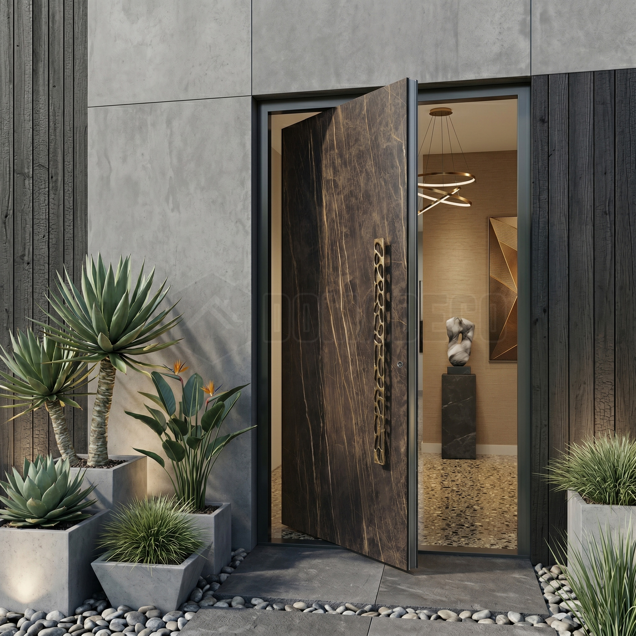 Aluminium draaideur bekleed met gesinterd kwarts van Noir Desir